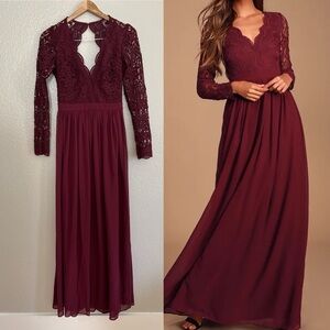 Awaken My Love Burgundy Long Sleeve Lace Maxi Dress